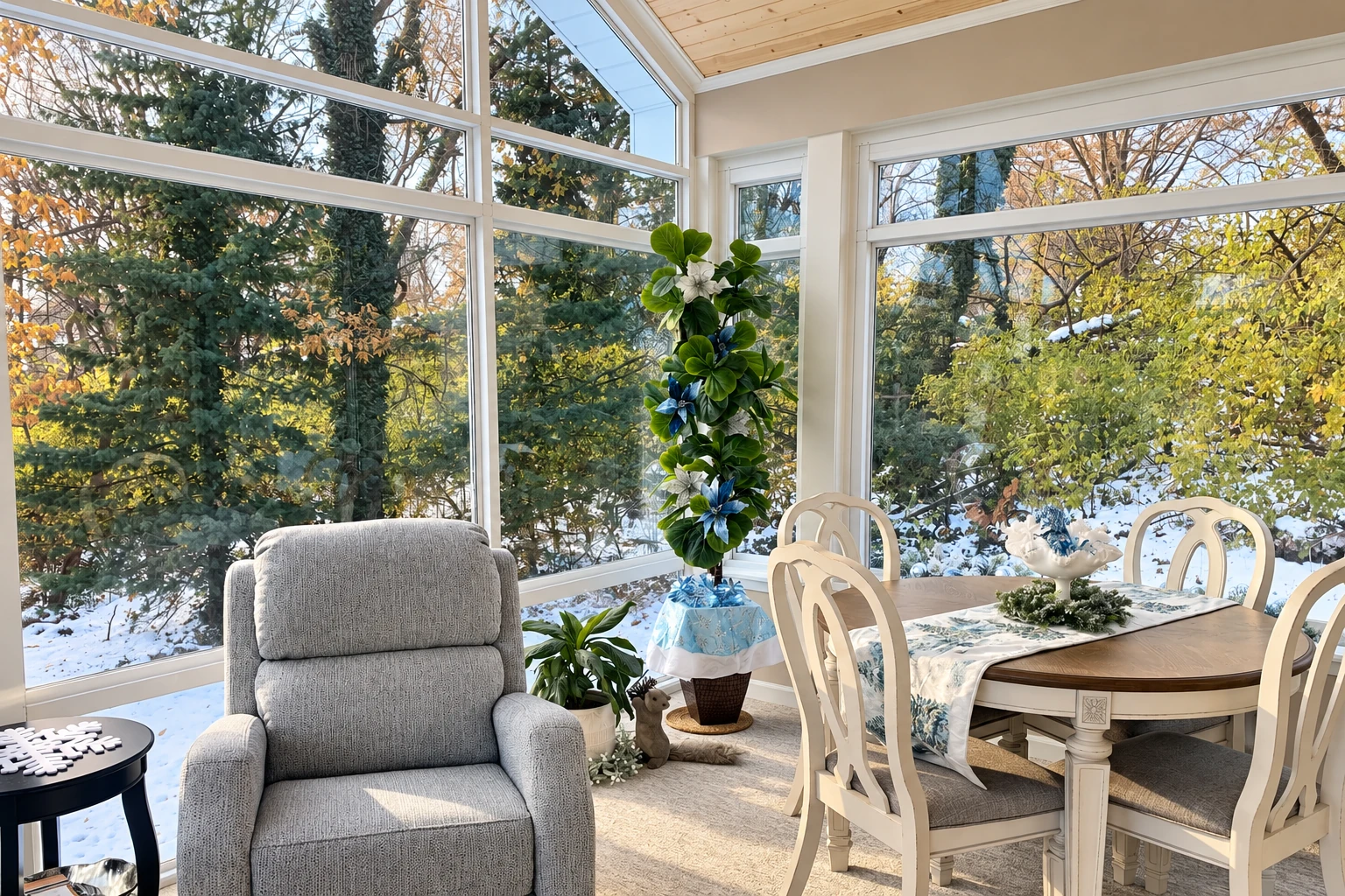 Bright four-season sunroom with a gray armchair and dining set, surrounded by large windows overlooking snow-dusted trees.