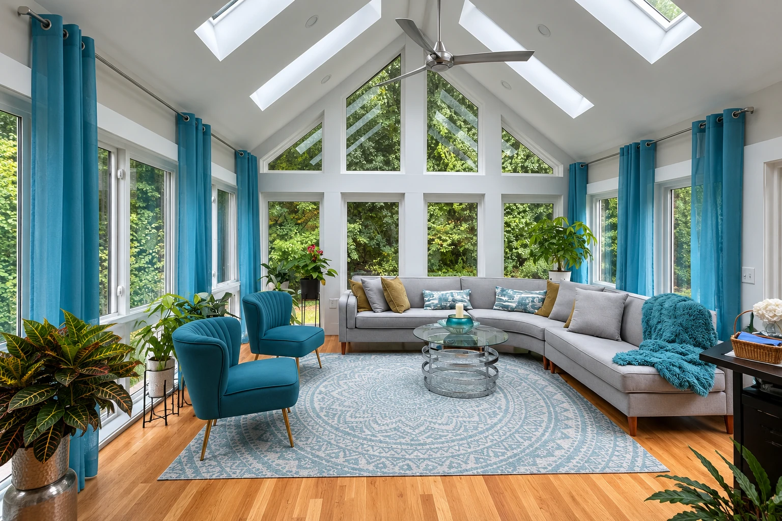 Custom sunroom interior with a vaulted ceiling, skylights, expansive windows, blue curtains, and a curved sectional sofa.