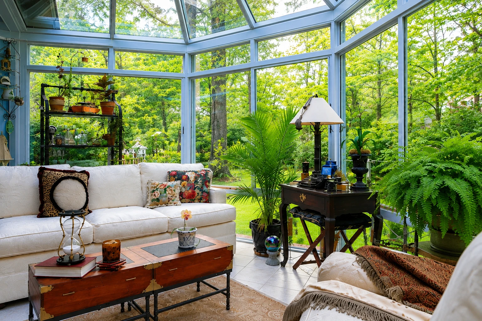 Custom sunroom with a glass roof and walls, white seating, and potted plants overlooking a green garden.