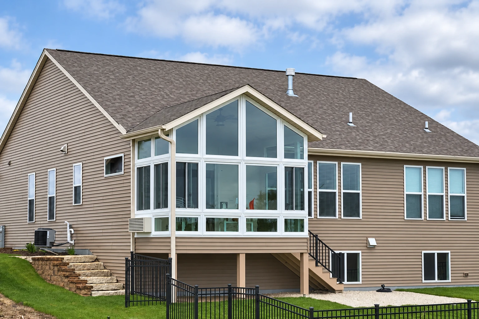 Two-story sunroom addition with white-framed windows and a peaked roof on the back of a house.
