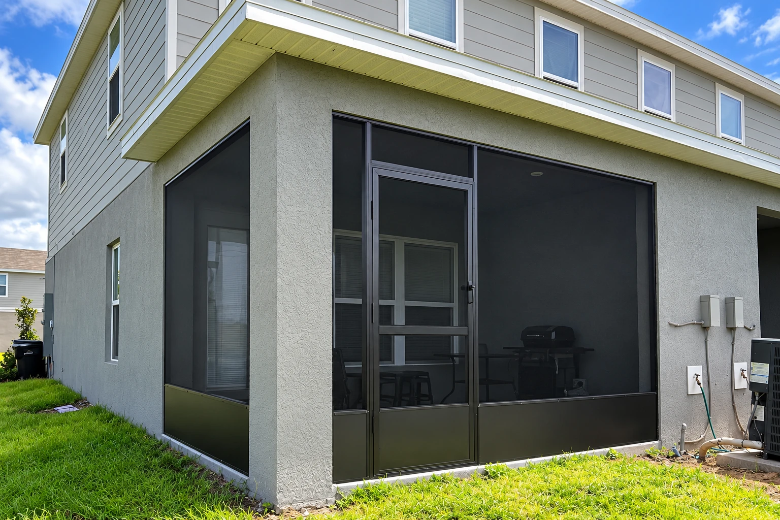 Enclosed patio room with dark screened walls and a central screen door attached to a two-story house.