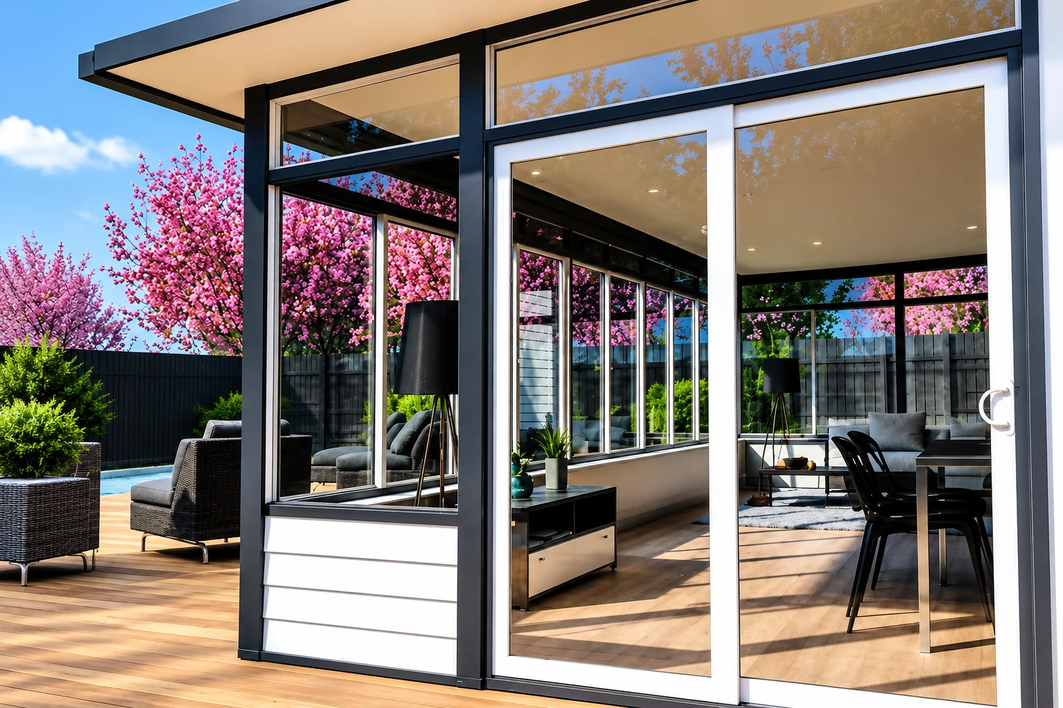 Four-season sunroom with black-framed glass walls, sliding doors, and a furnished interior beside a wooden deck.