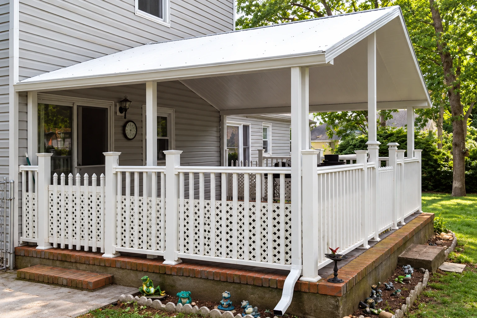 Covered patio attached to a gray-sided house, with a white gabled roof and white railings.