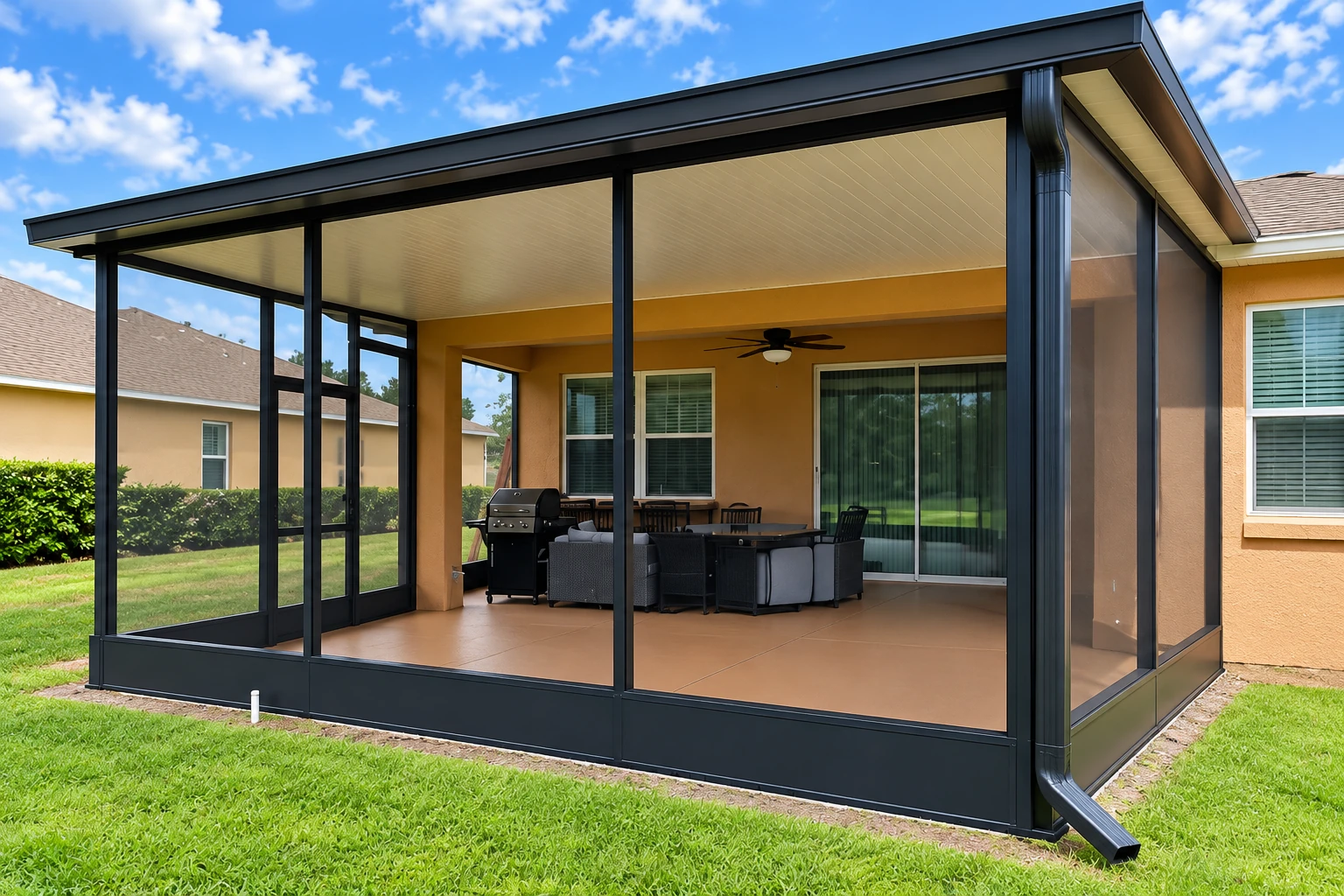Covered patio enclosure with a dark metal frame, screened panels, and outdoor seating beside a yellow house.