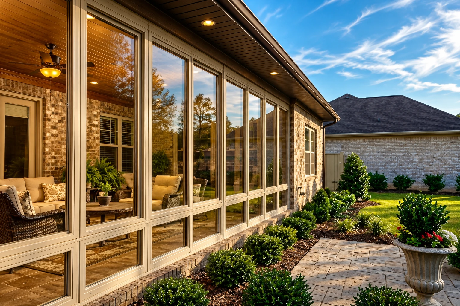 Enclosed patio with floor-to-ceiling windows, a wood ceiling, and a paved garden path outside.