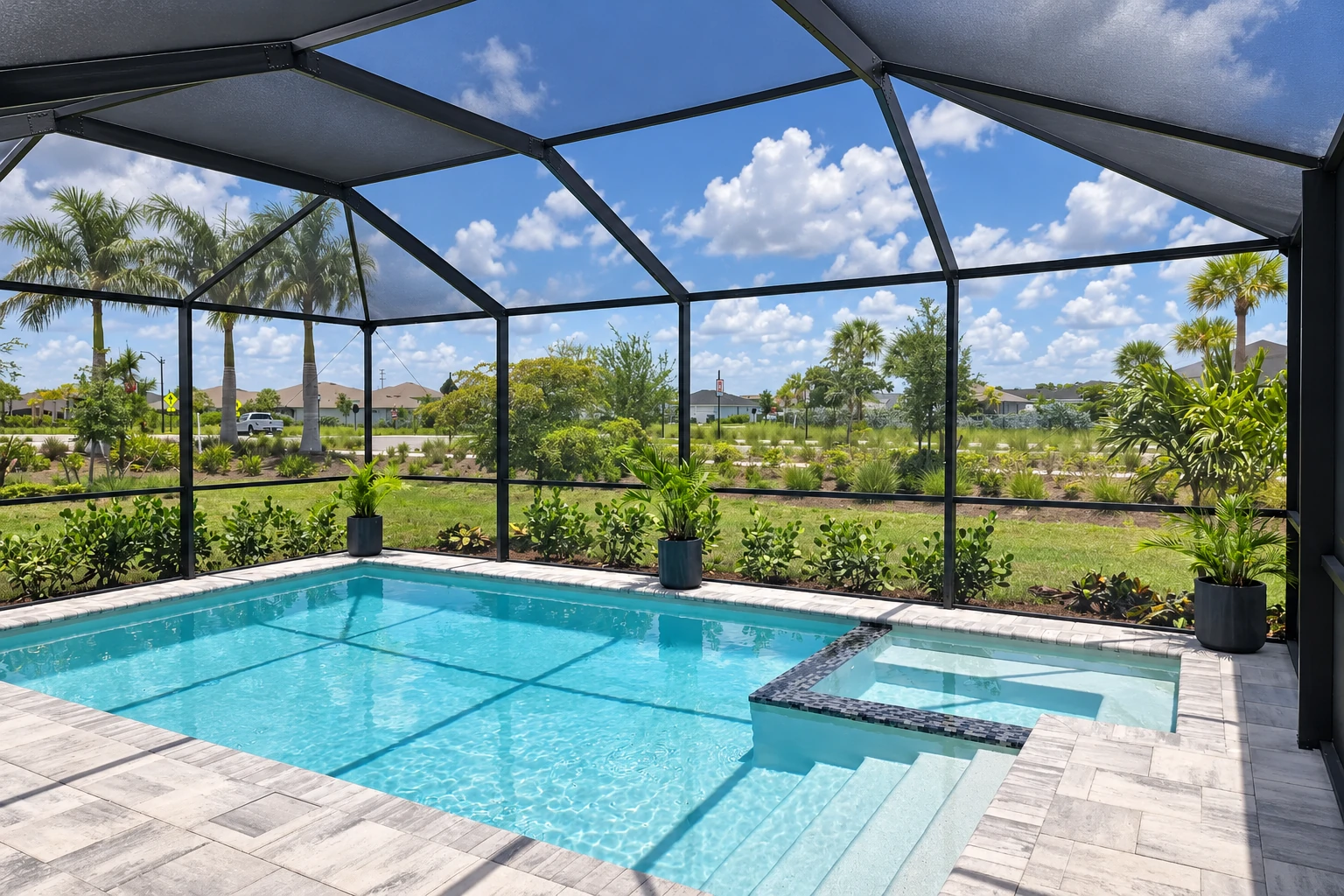 Screened pool enclosure with a dark metal frame and mesh roof, overlooking a sunny landscaped yard.