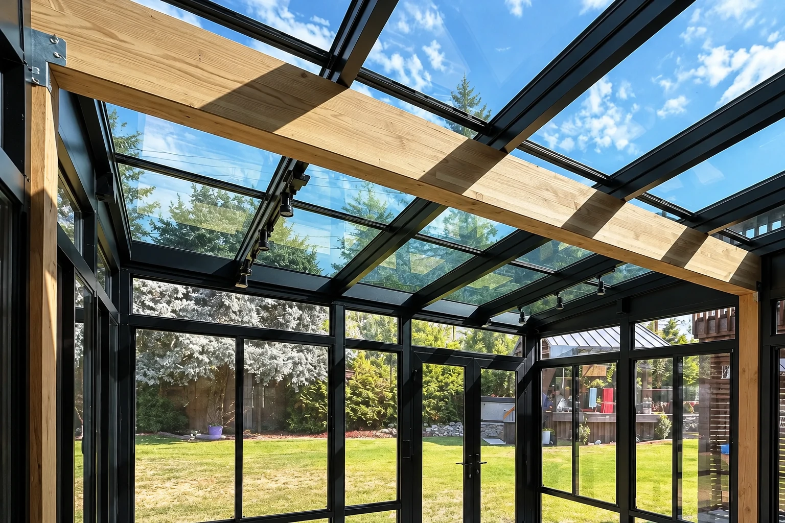 Solarium with black framing, glass roof panels, and wooden beams overlooking a garden.