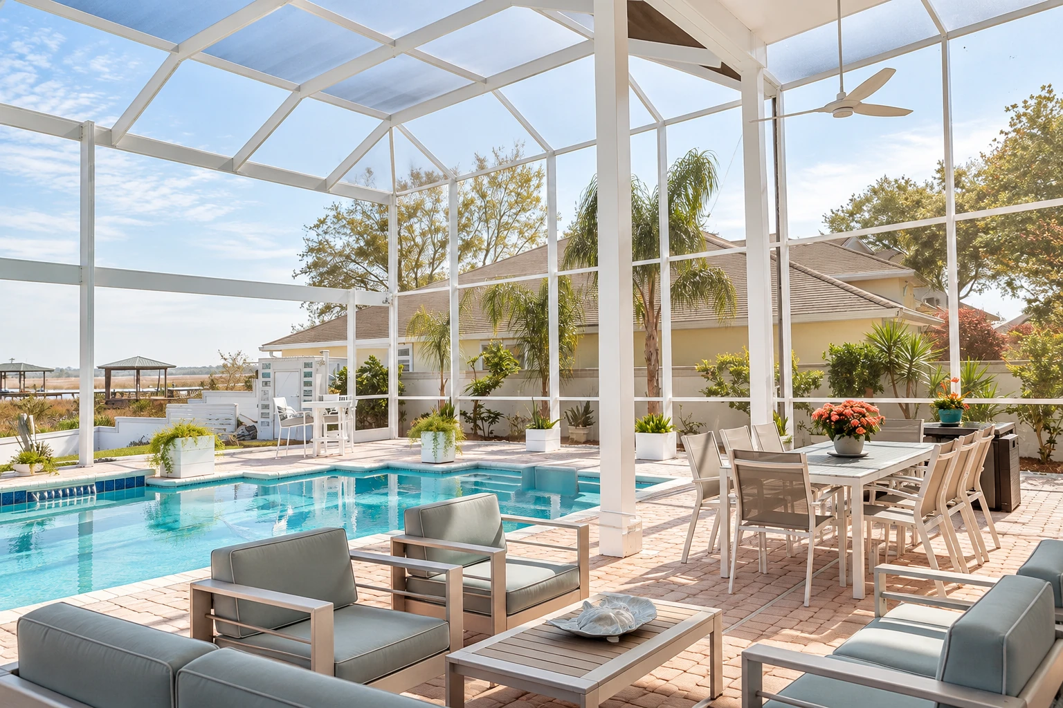 White-framed solarium enclosing a swimming pool and outdoor dining area, with a clear roof and ceiling fan.