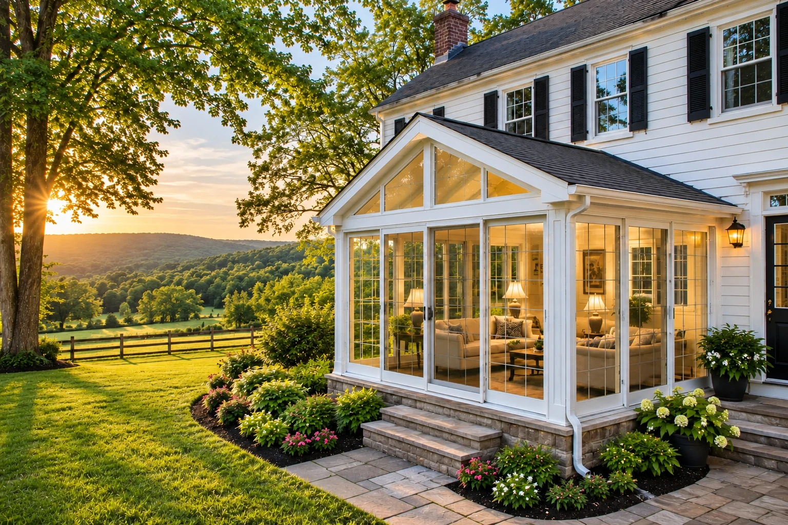 White-framed sunroom addition with a peaked glass gable, attached to a white house beside a landscaped lawn.