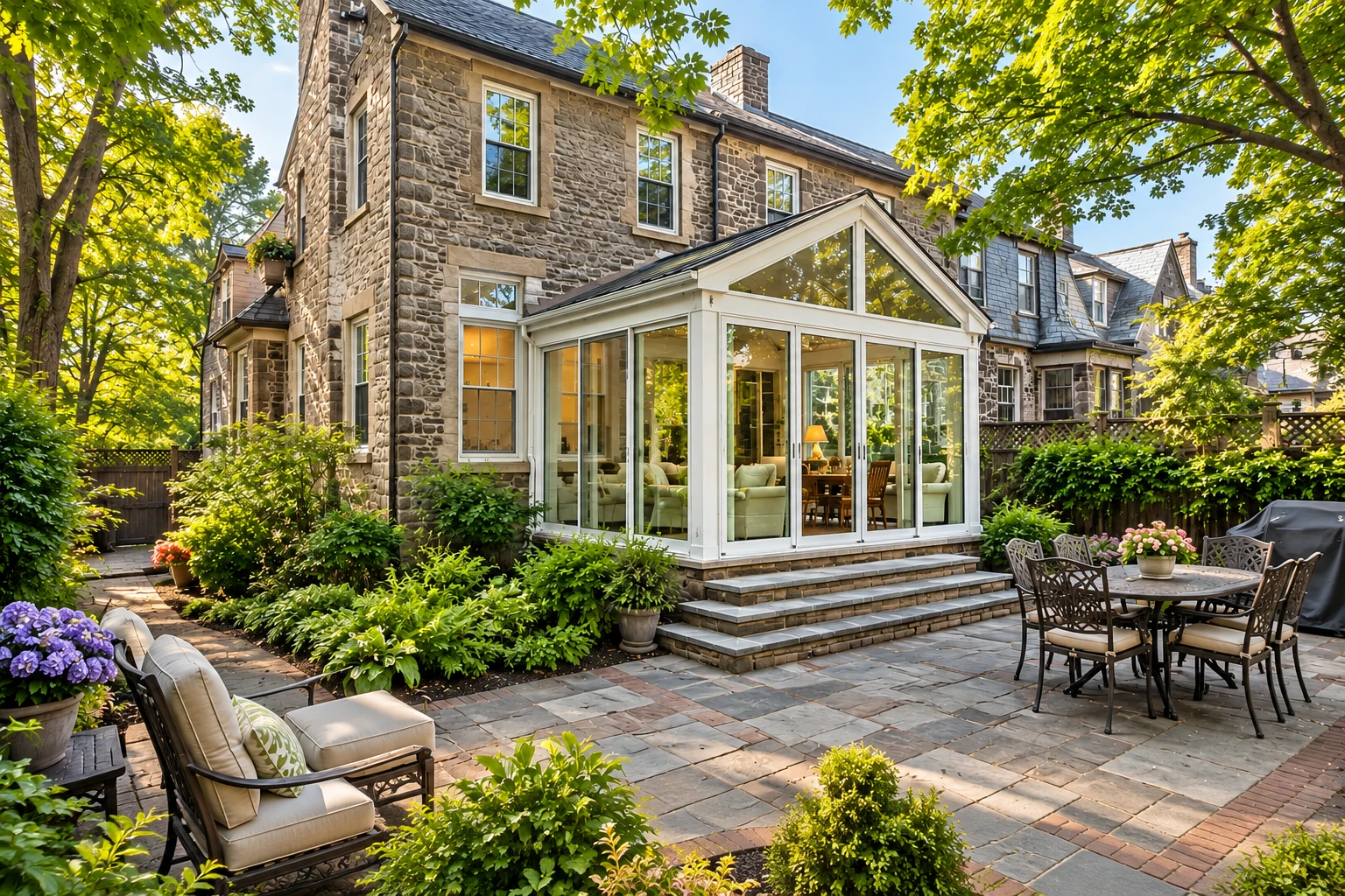 Stone house with a glass sunroom addition opening onto a landscaped patio with outdoor seating.