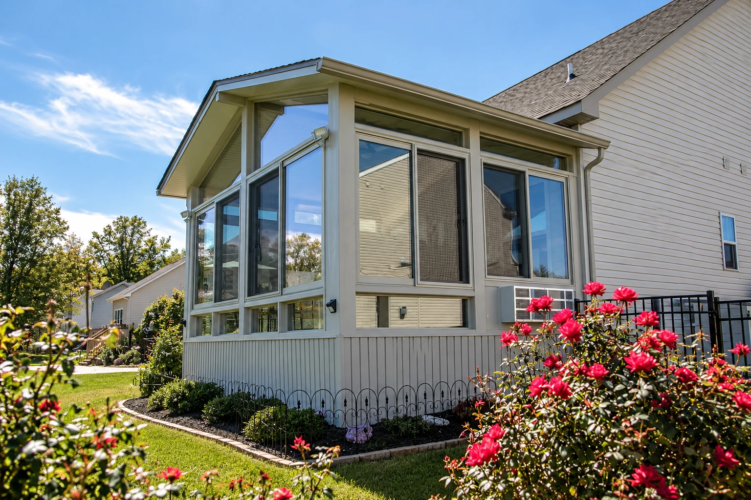 Three-season sunroom with broad glass windows and pale framing, set beside a lawn and flower garden.