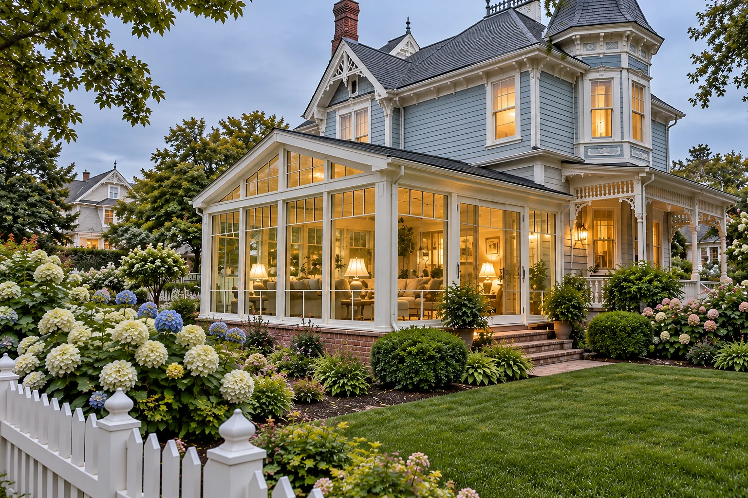 Vinyl sunroom addition on a blue-gray Victorian home, with white framing, glowing windows, and flower gardens.